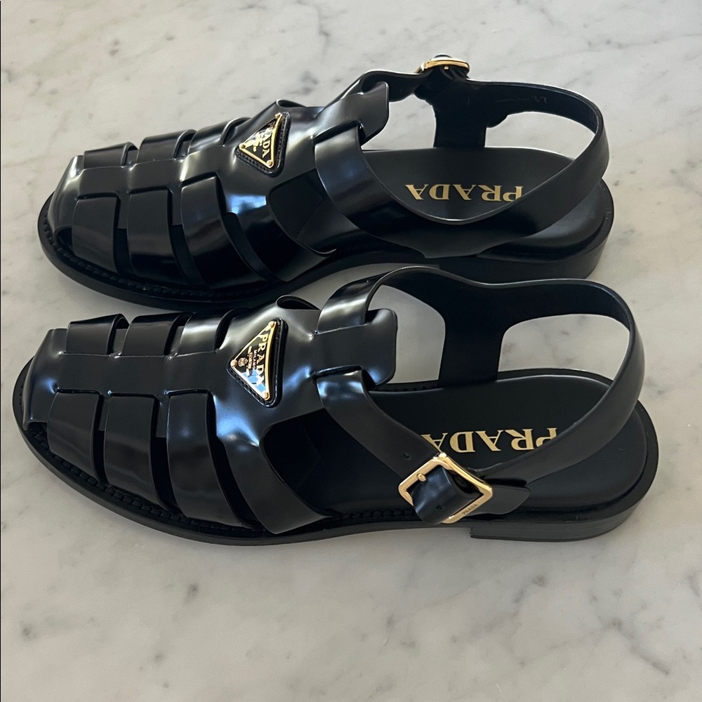 NEW Prada Fisherman Black Leather Sandals with Gold size 37 - Picture 4 of 13